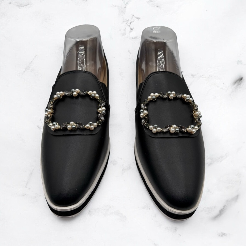 Karl Lagerfeld Black Pearl-Embellished Leather Loafers